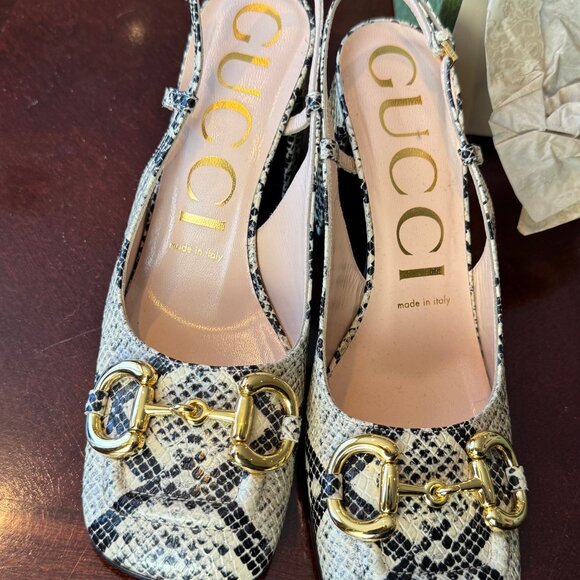 Gucci GG Women Mid-Heel Slingback Horsebit Python Print Leather LIMITED EDITION - Picture 2 of 7